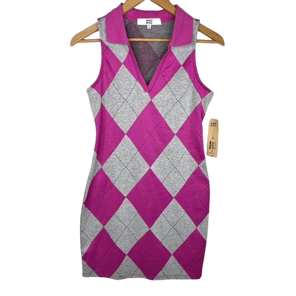 NWT Madden NYC Pink & Grey Argyle Sleeveless Dress M